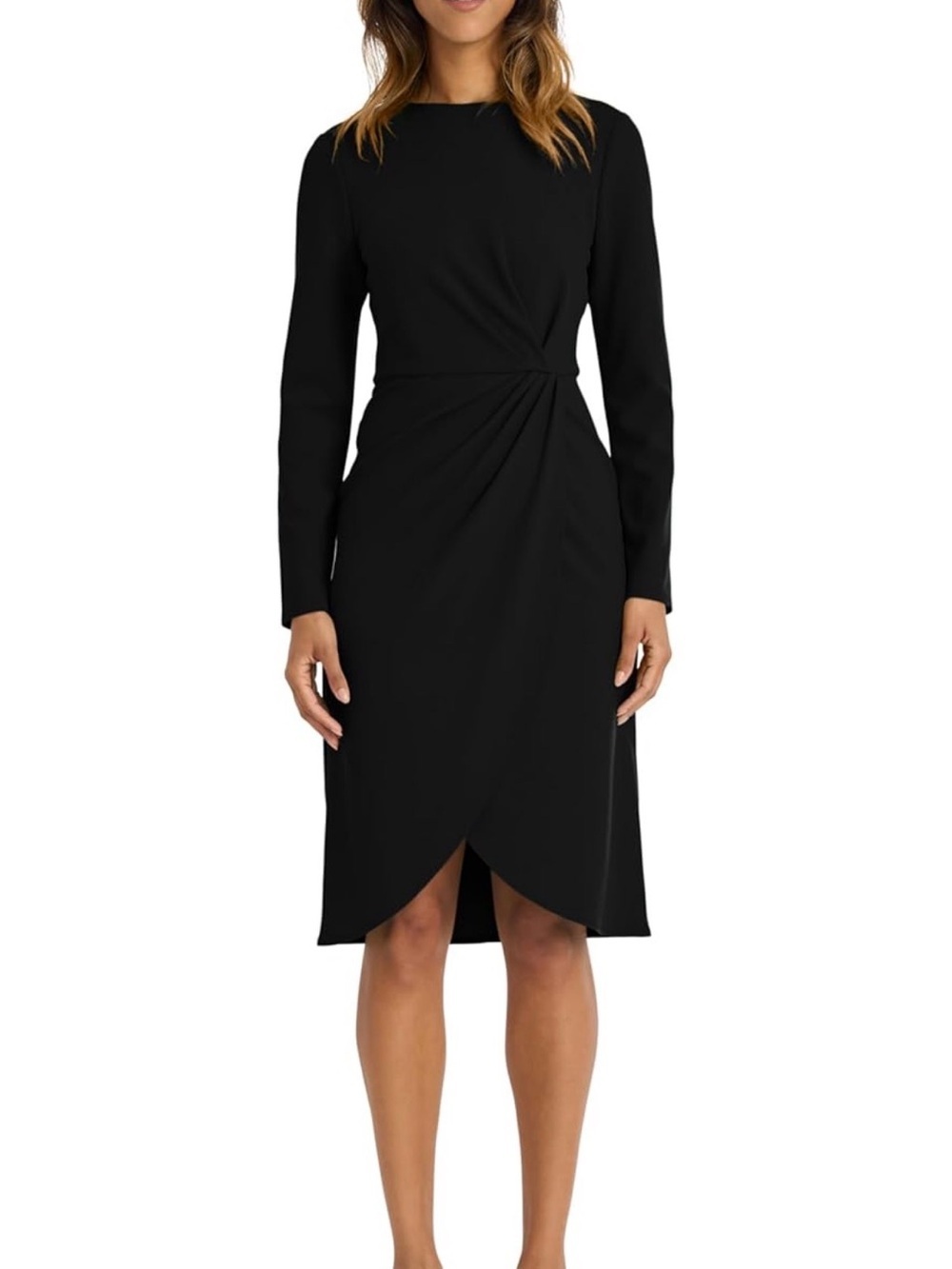 Maggy London Black Long Sleeve Ruched Tulip Hem Midi Dress NWT Size 2